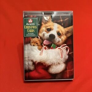 Avanti Press Christmas Cards / Corgi Holding Stocking / Box of 14 Cute Dog